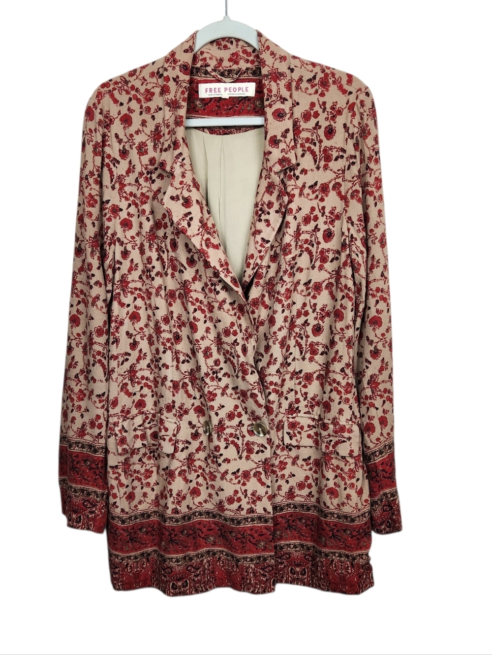 Free People Bellflower Floral Print Linen Blend Long Blazer Jacket Womens Size L - Picture 3 of 16